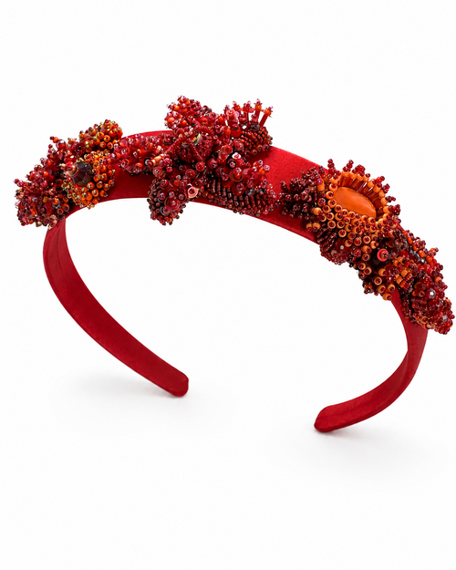 Ornate Red Hand-Beaded Artisan Headband by Anush Jinanyan