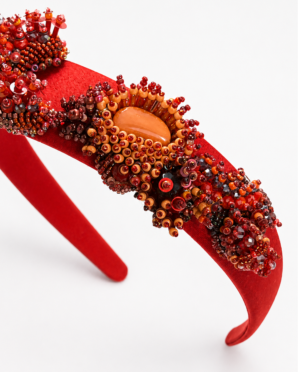 Ornate Red Hand-Beaded Artisan Headband by Anush Jinanyan